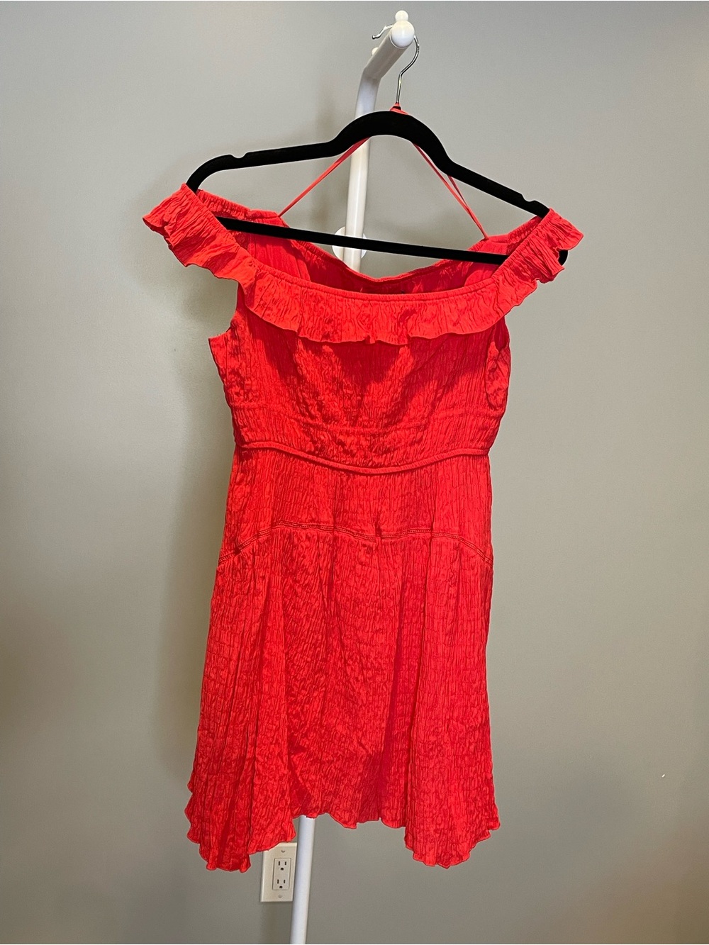 Urban Outfitters Red Off-Shoulder Crinkle Gauze Ruffle Mini Dress